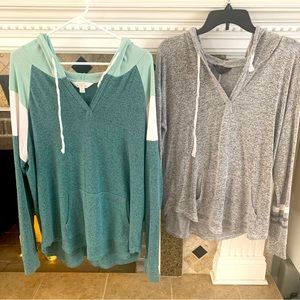 Two cozy raglan hooded knit tops - one green and one grey